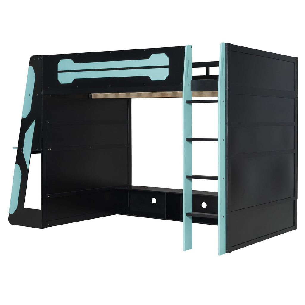 Full Size Wood Loft Bed with Desk and RGB Light - Cloud