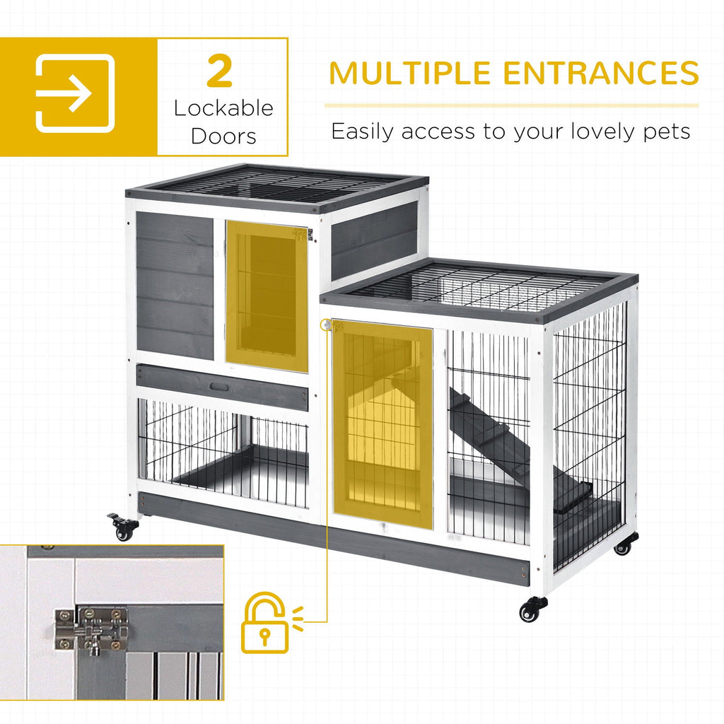 Wooden Rabbit Hutch with Wheels and Removable Tray - Gray