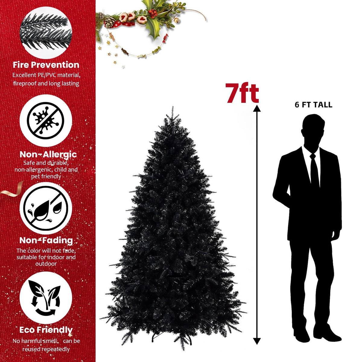 6-Foot Pre-Lit Black Christmas Tree with 350 LED Lights - Black