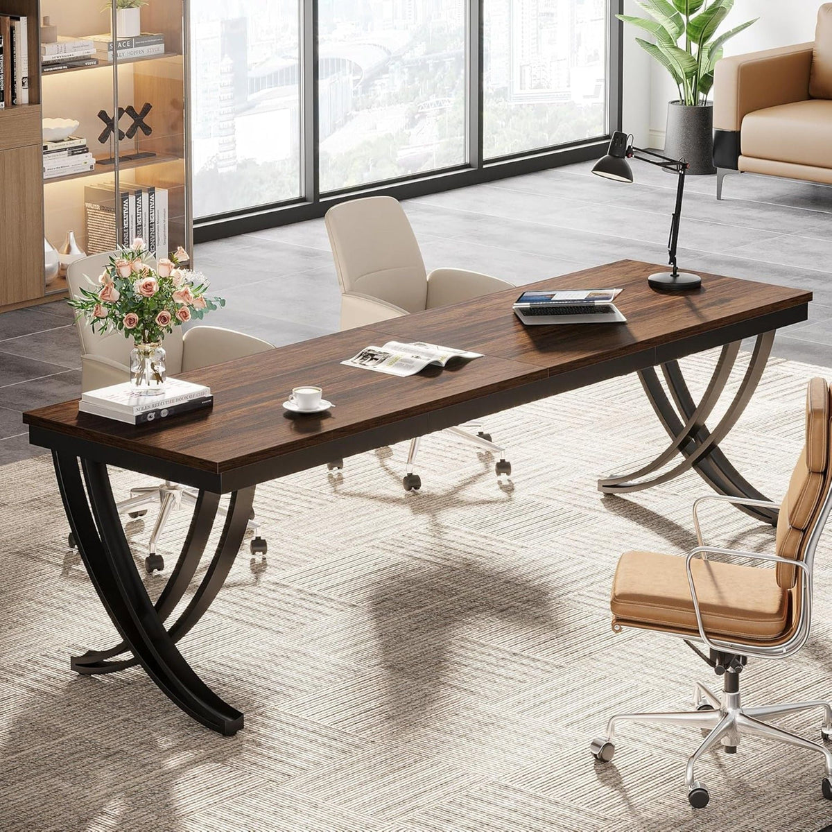 Extra Long 2 Person Desk With X Legs - Brown / Black