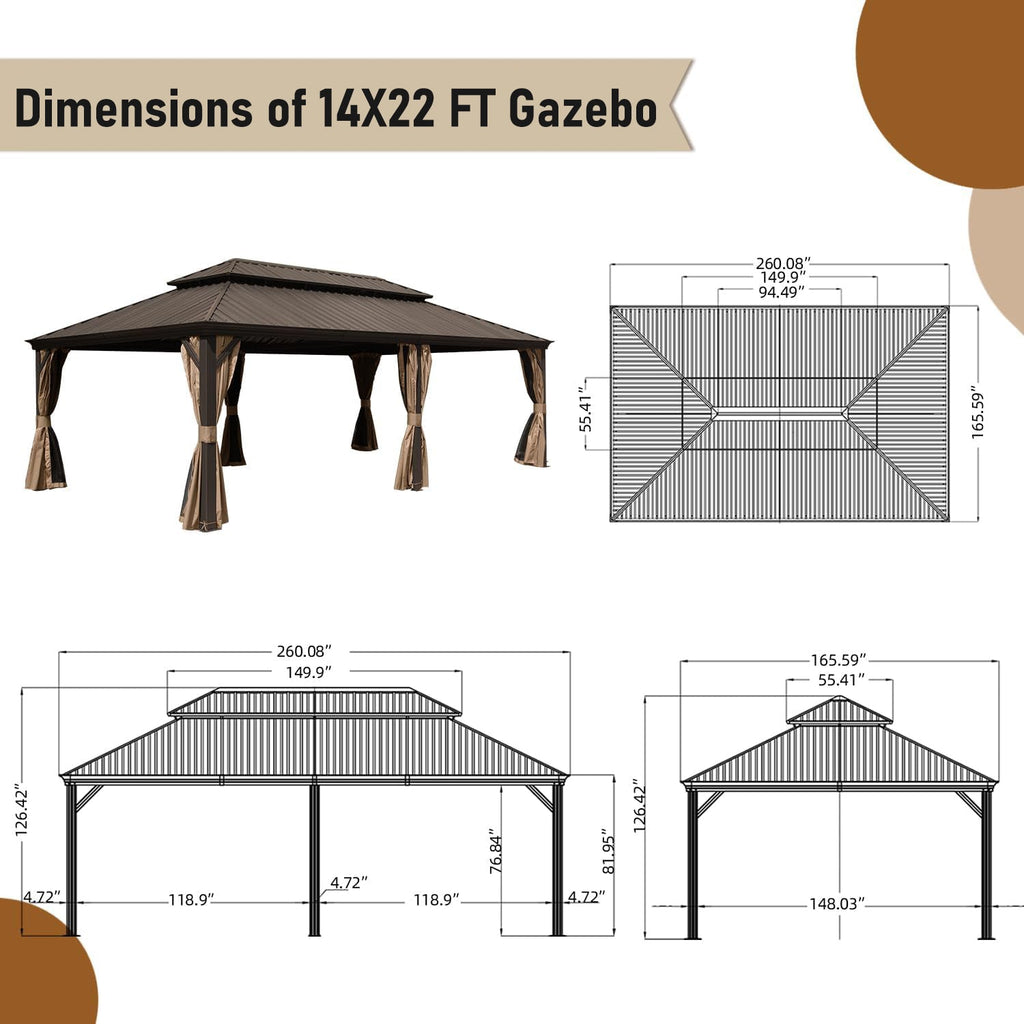 14x22FT Hardtop Gazebo with Galvanized Steel Double Roof - Gray