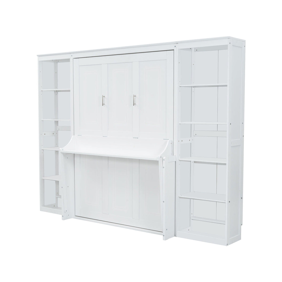Murphy Bed With Desk and Bookshelf with Solid Pine Wood - White