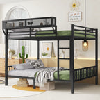 Queen Over Queen Bunk Bed with Storage Shelf and Ladder - Black