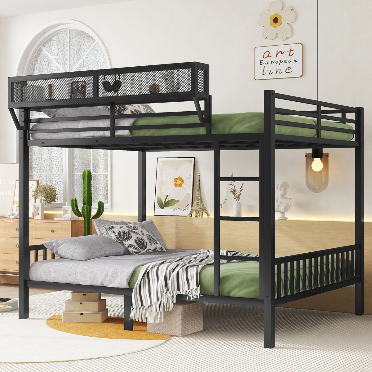 Queen Over Queen Bunk Bed with Storage Shelf and Ladder - Black