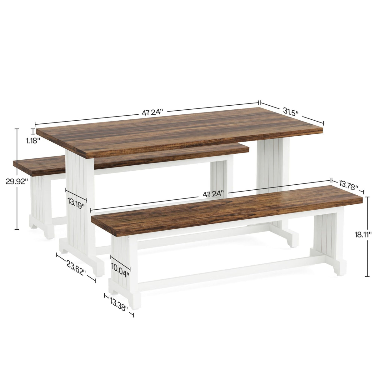 3 Piece Dining Table Set with Space Saving Benches - Brown / White
