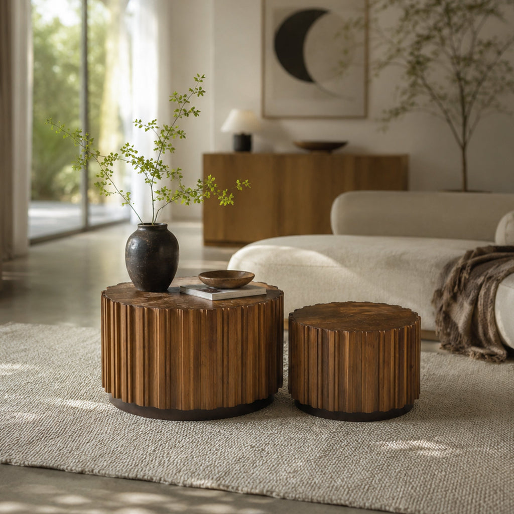 Round Nesting Coffee Table Set of 2 with Vertical Slatted Design - Walnut Brown or Natural Wood