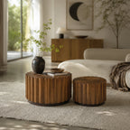 Round Nesting Coffee Table Set of 2 with Vertical Slatted Design - Walnut Brown or Natural Wood