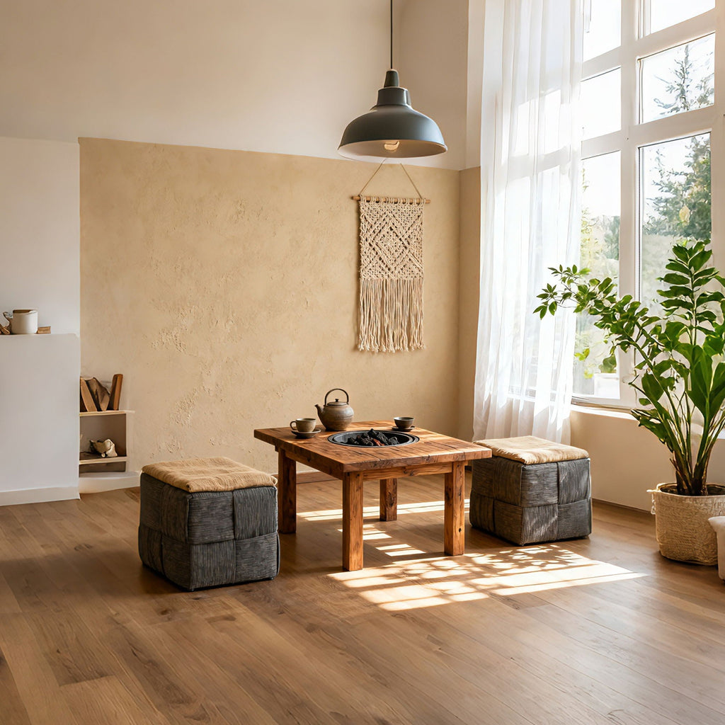 Square Ottoman Foot Rest with Woven Corduroy Design - Fabric