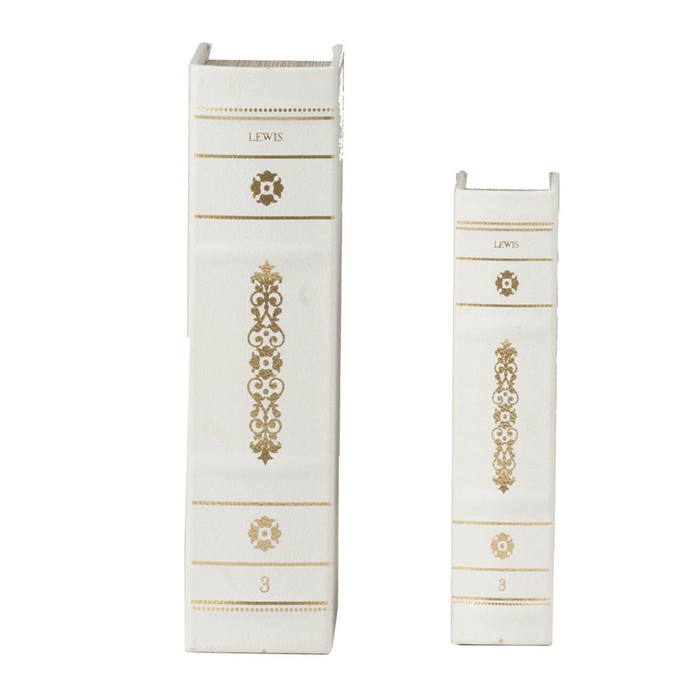 Book Boxes Set of 2 with Faux Leather Covers - White / Gold