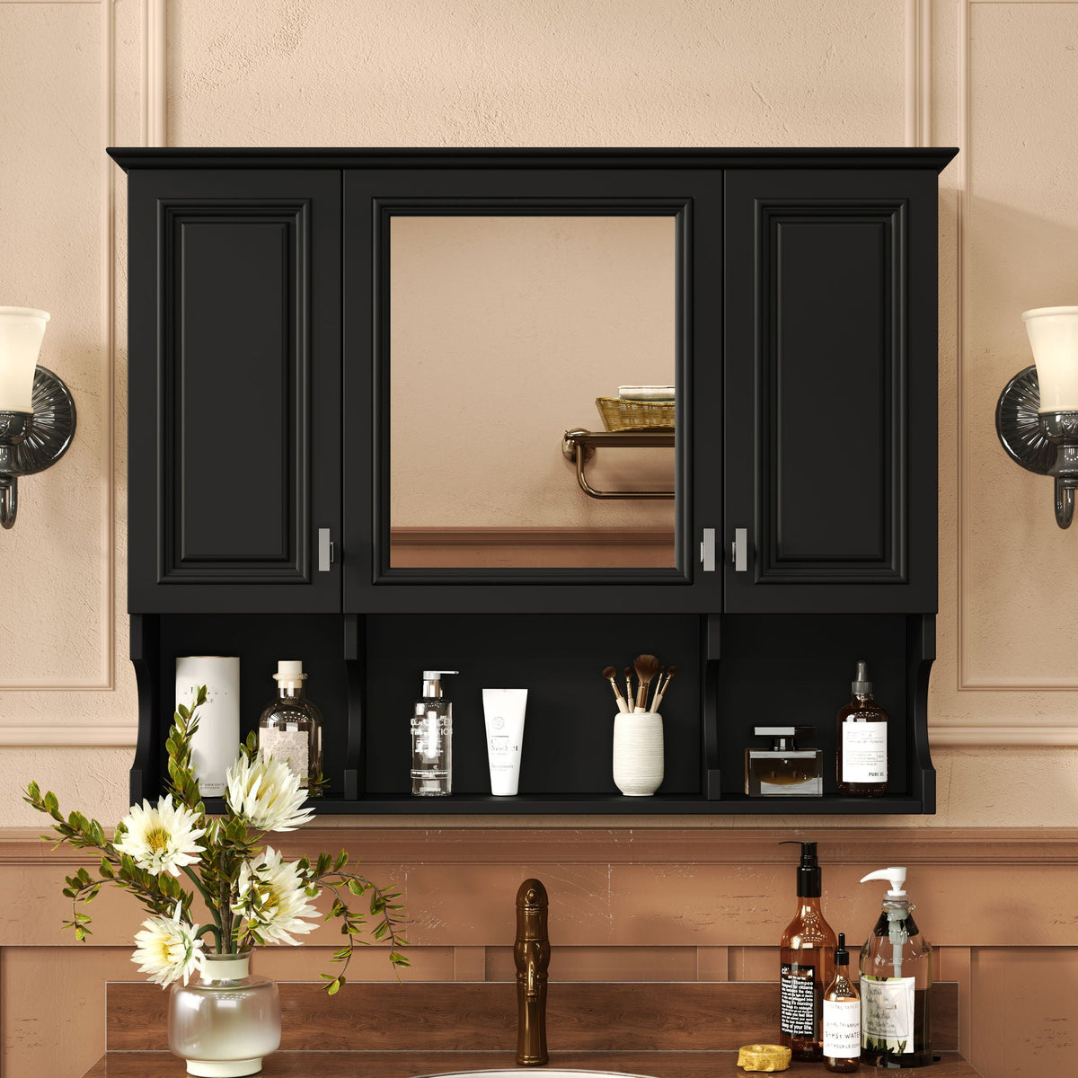 Wall Mounted Bathroom Medicine Cabinet With Mirror & Open Shelves