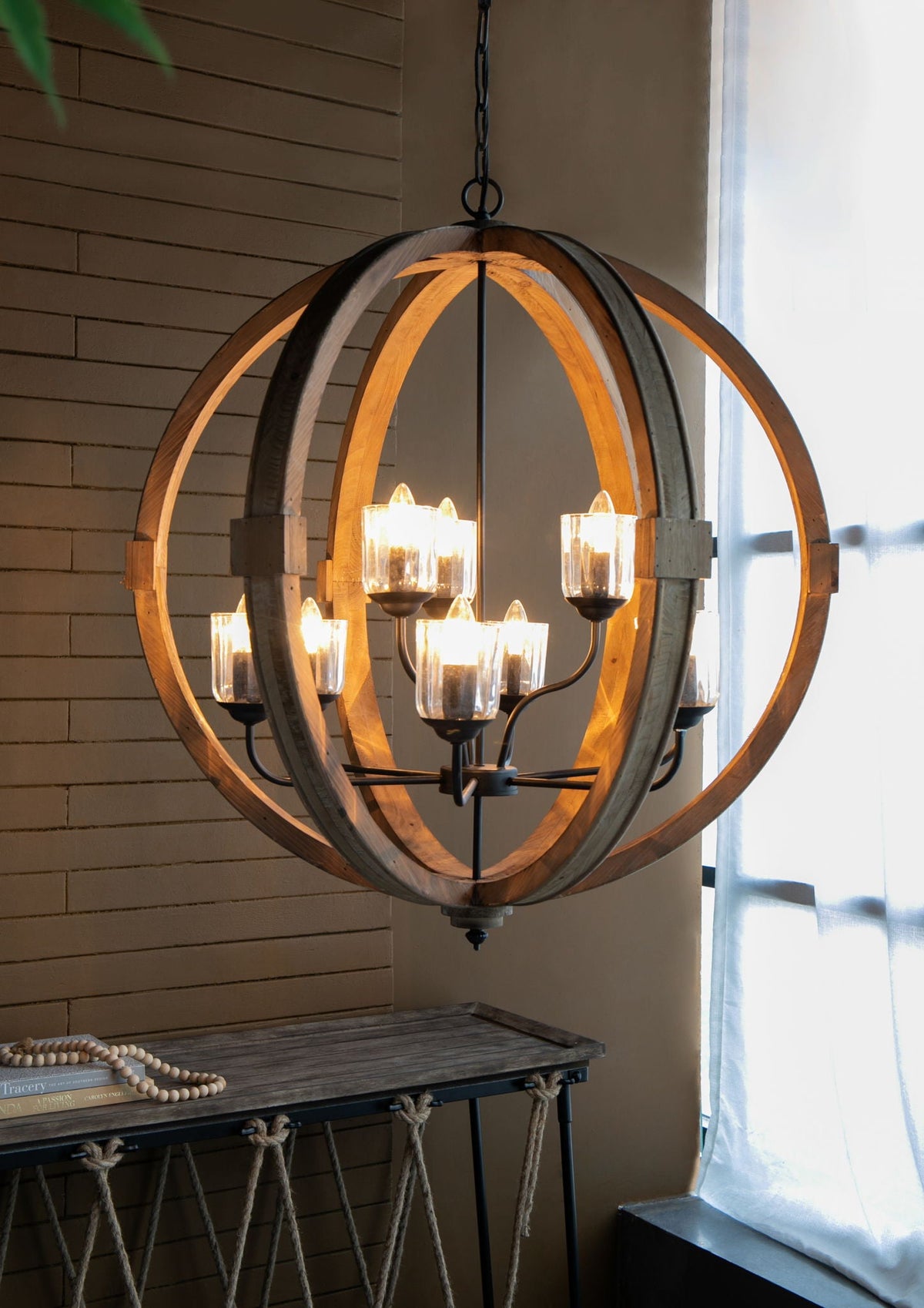 Hanging Light Fixture Chandelier with Adjustable Chain - Light Brown or White