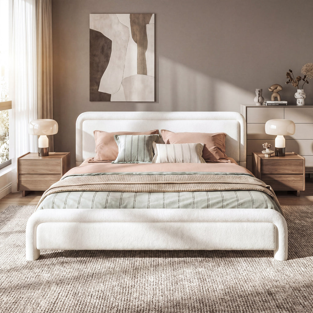 King Size Upholstered Platform Bed Frame with Curved Headboard - Boucle