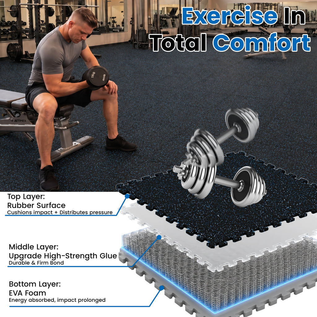 0.6 Inch Thick Gym Floor Mats with Interlocking Design - Black+Blue