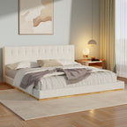 Solid Rubber Wood Platform Bed with Upholstered Headboard - White