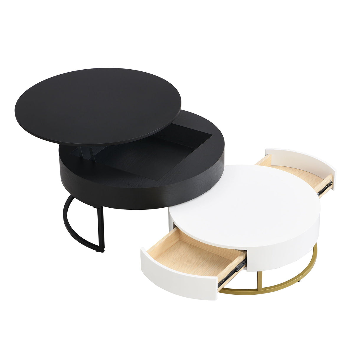 Modern Round Nesting Coffee Tables with Lift-Top and 2 Drawers - White or Black
