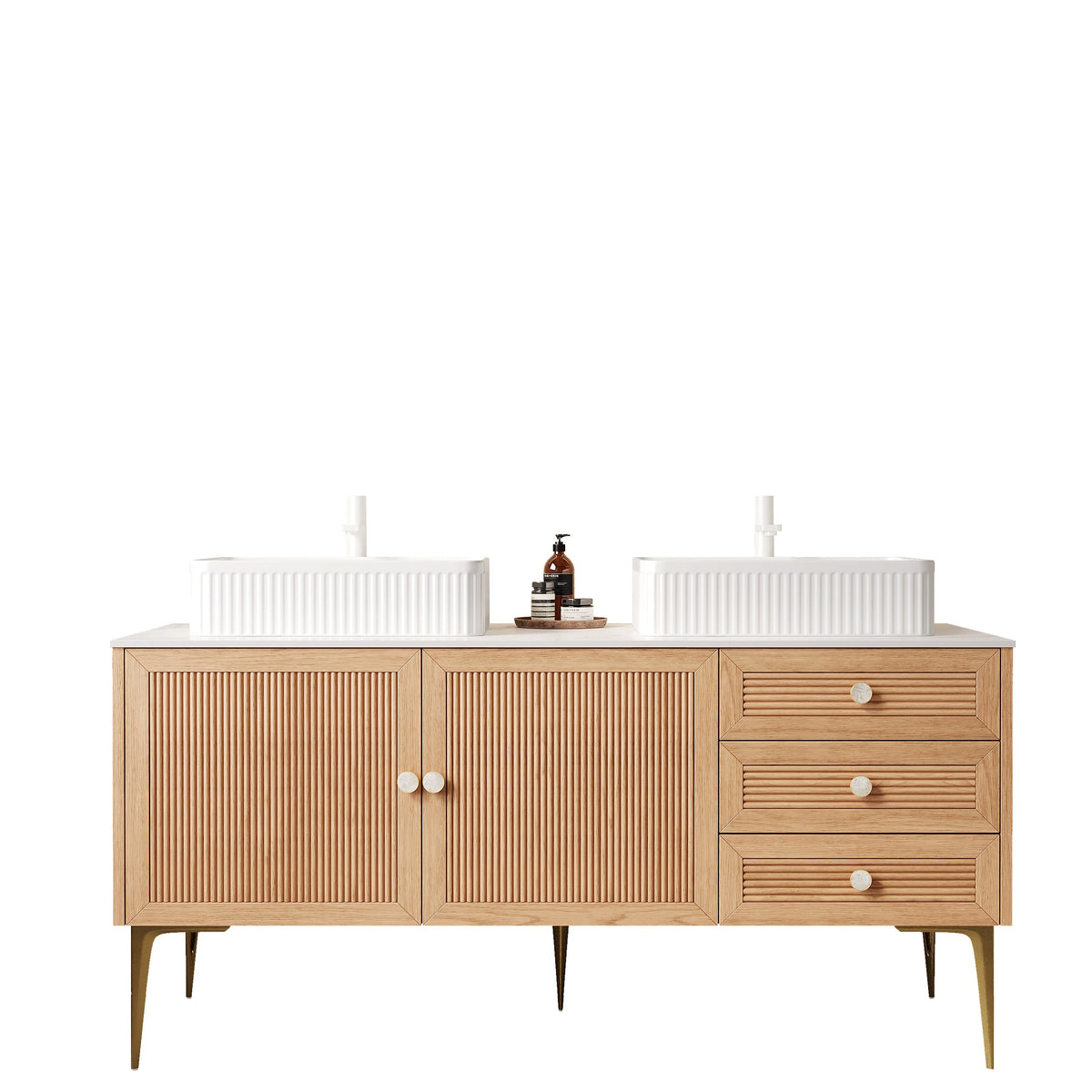 60" Bathroom Vanity with Double Ceramic Sinks - Oak Finish