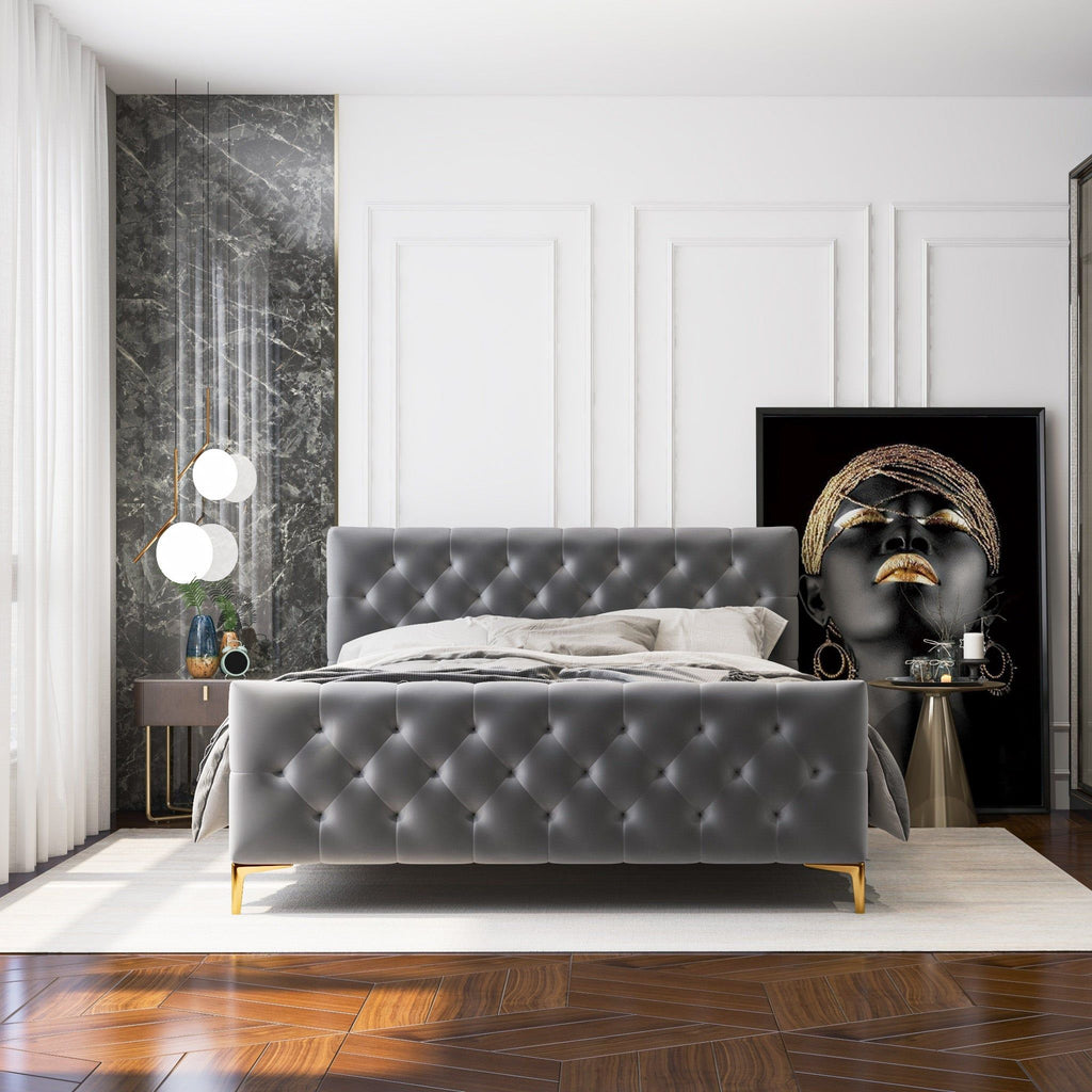 Elegant Design Upholstered Bed with Solid Wood Frame - Dark Gray