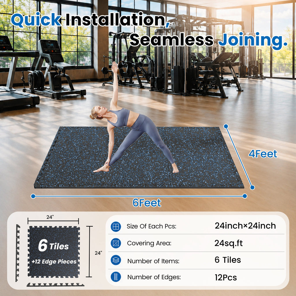 0.6 Inch Thick Gym Floor Mats with Interlocking Design - Black+Blue