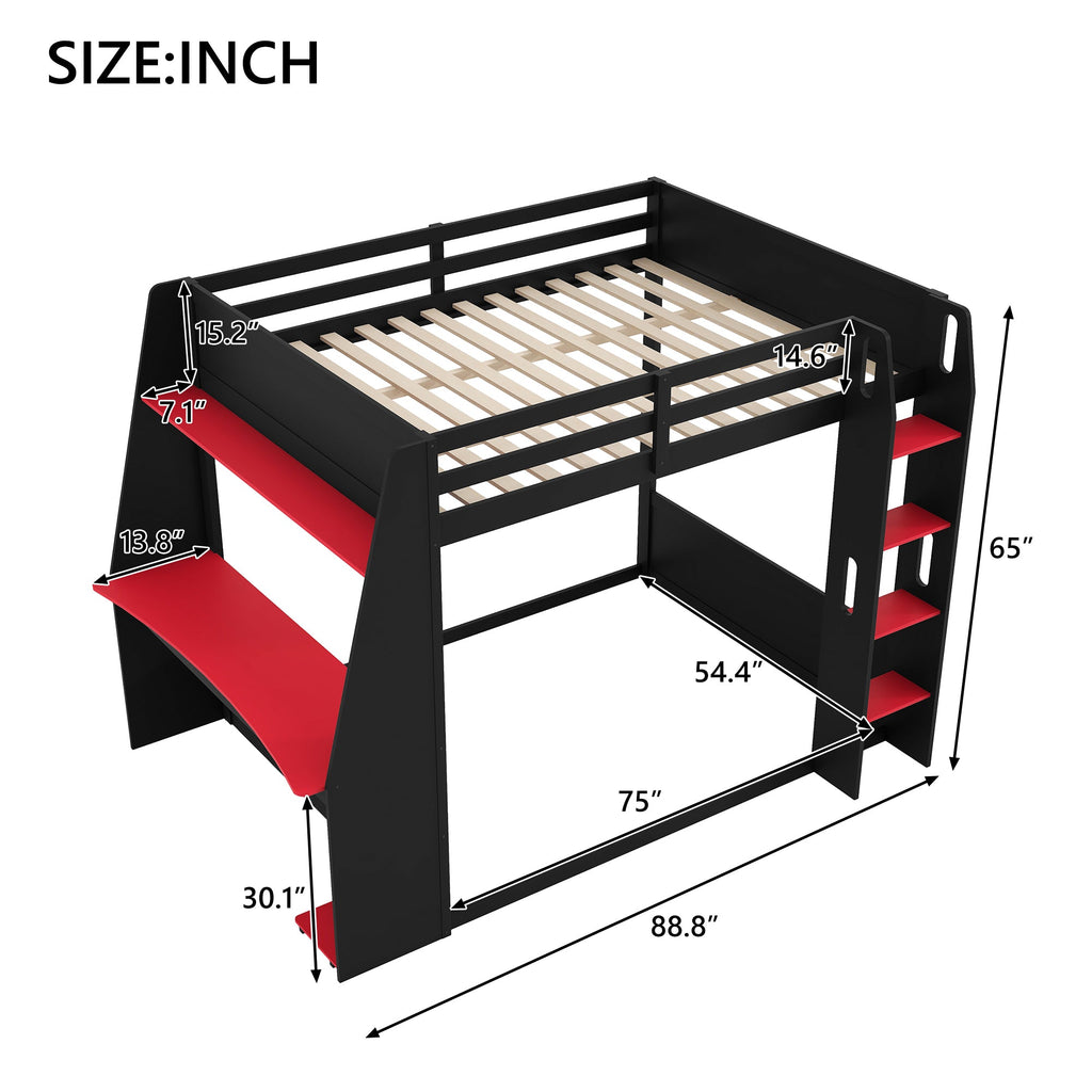 Full Size Wooden Gaming Bunk Bed with Desk and LED Light - Black/Red