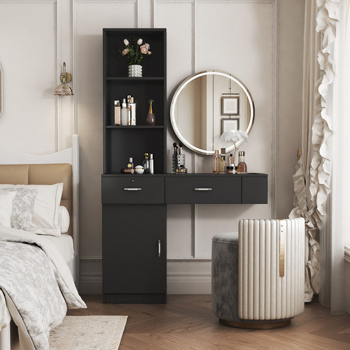 Black Modern Hair Desk with Multi-Layer Storage - Black