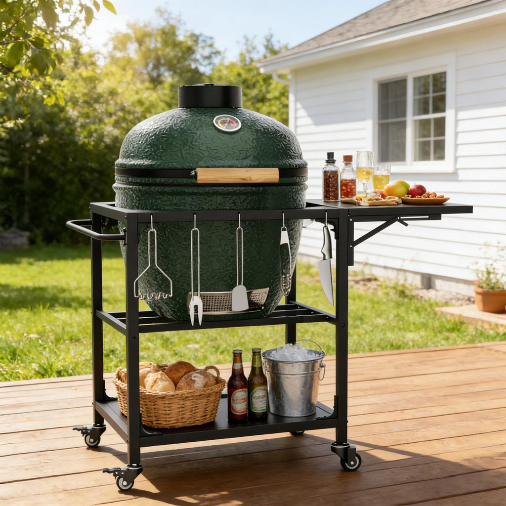 Outdoor Grill Table with Wheels and Storage Shelf - Black