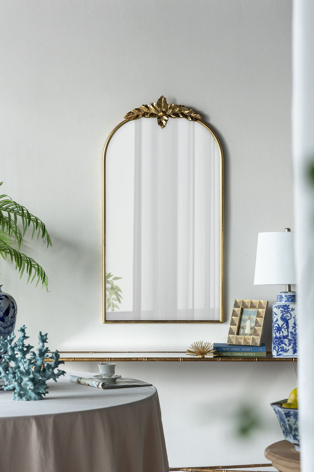 Gold Arched Wall Mirror with Metal Frame - Decorative Accent