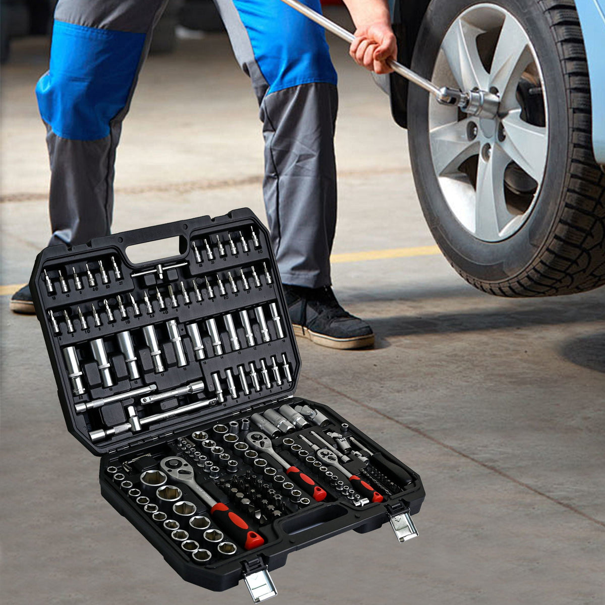 Socket and Ratchet Tool Set with Locking Toolbox - Black