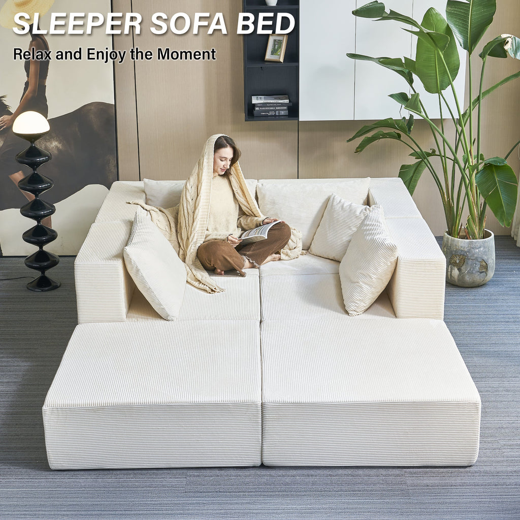 140" Modular Sectional Sofa Bed with Convertible U-Shaped Design - Corduroy