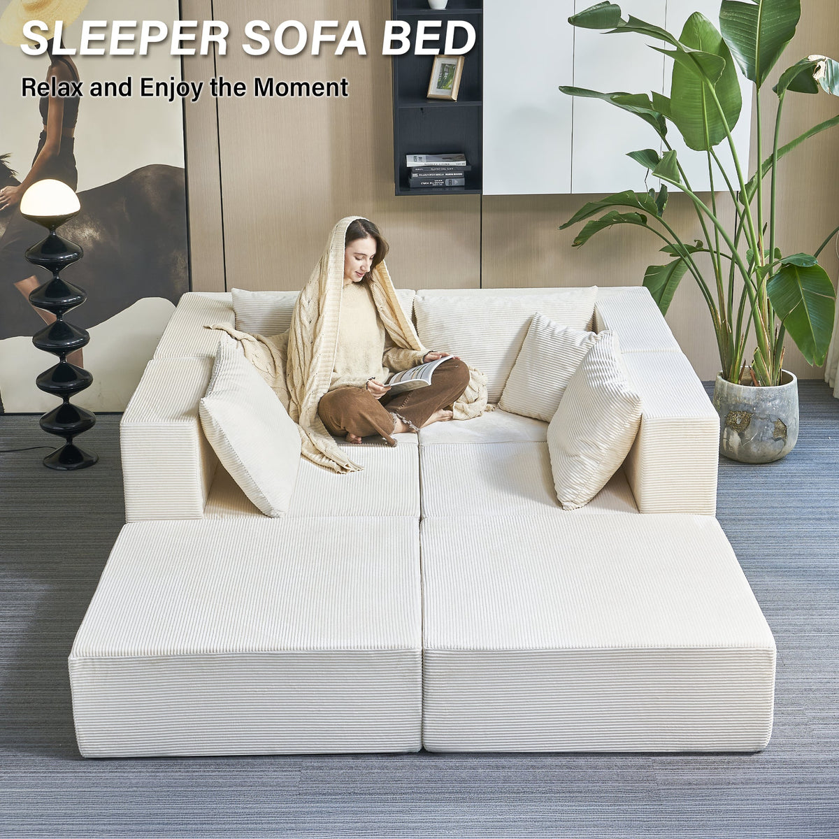140" Modular Sectional Sofa Bed with Convertible U-Shaped Design - Corduroy