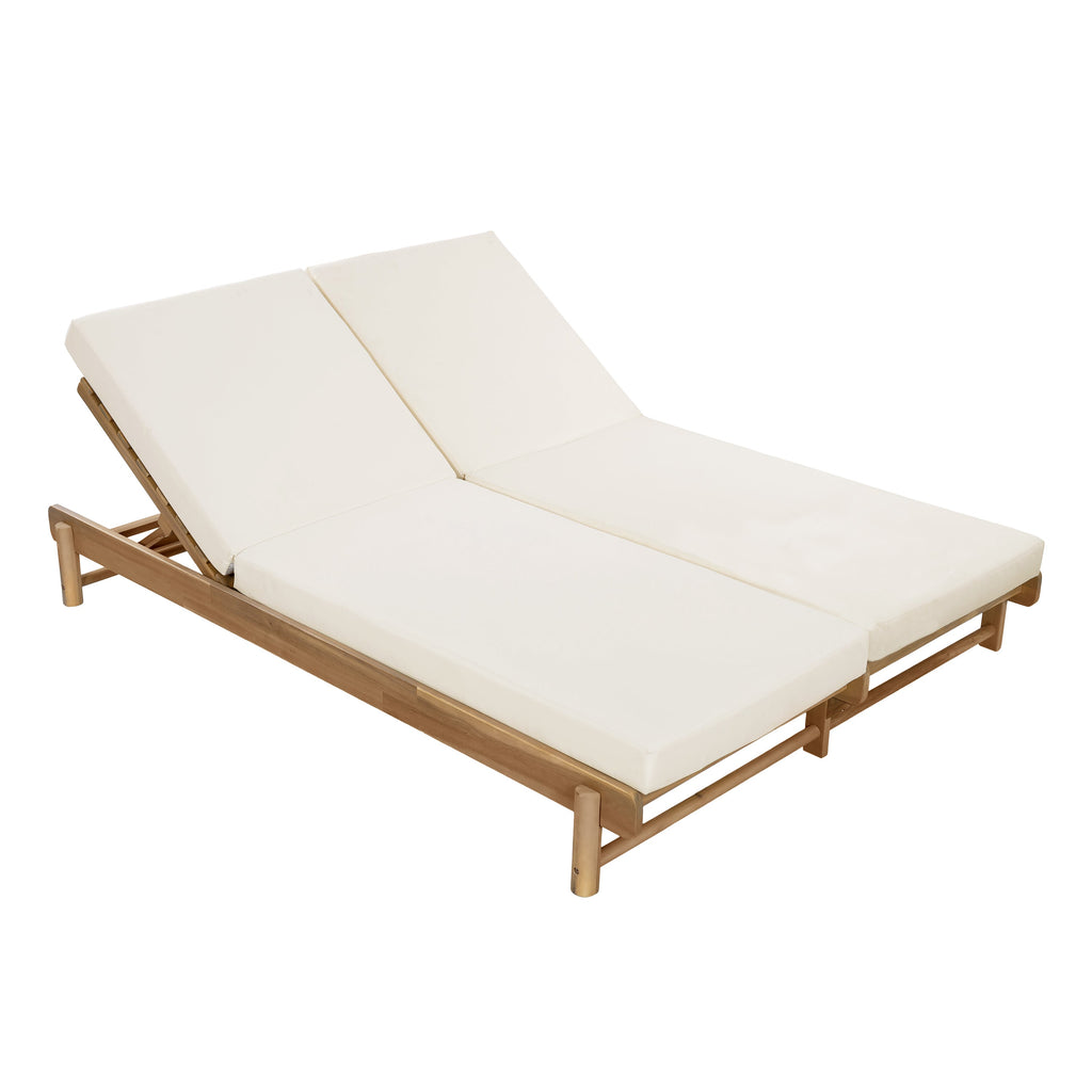 Light Teak Acacia Wood Double Chaise Lounger Set with Adjustable Backrests - Cream
