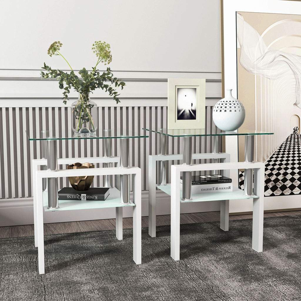 Modern Tempered Glass End Table with Metal Frame - Black or White