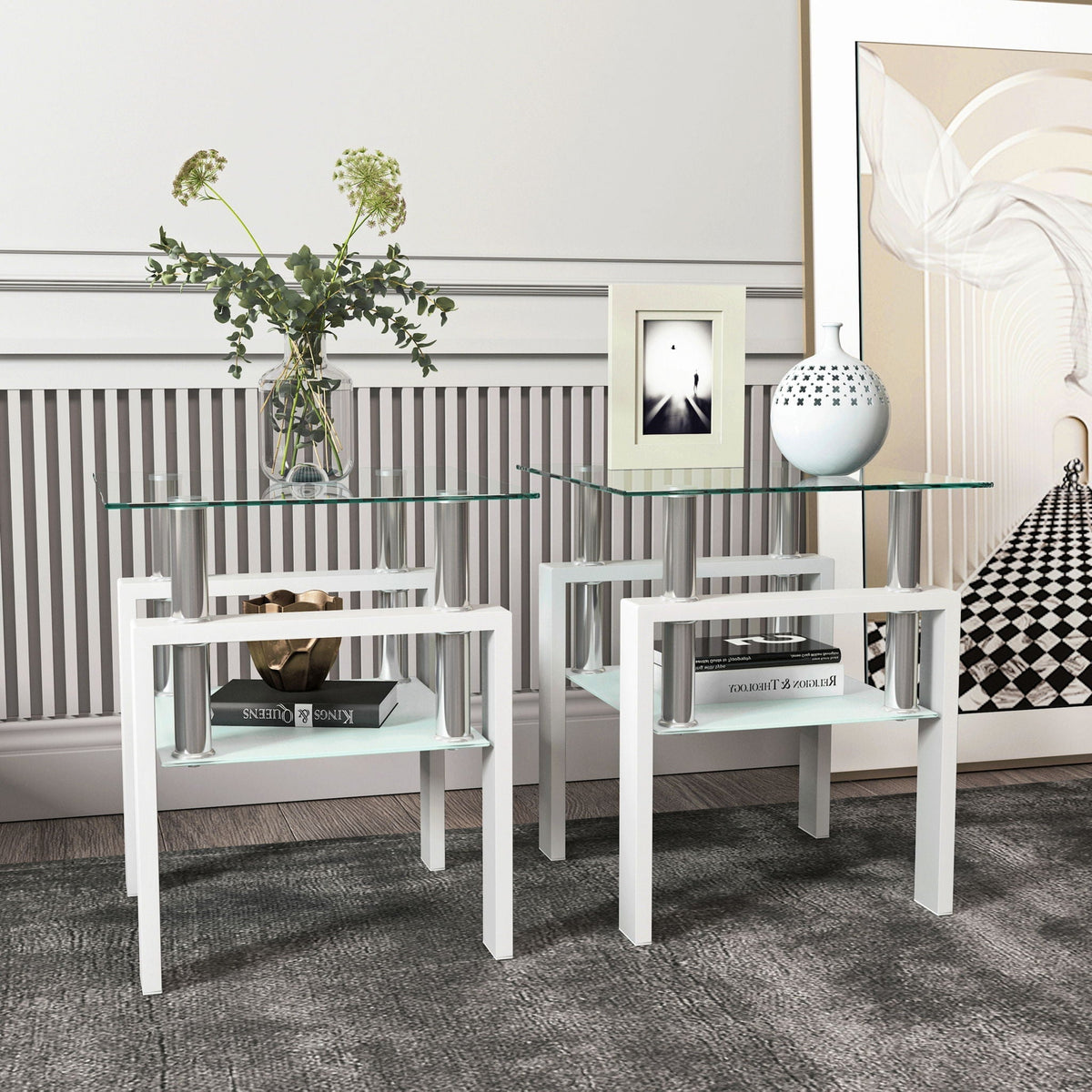 Modern Tempered Glass End Table with Metal Frame - Black or White