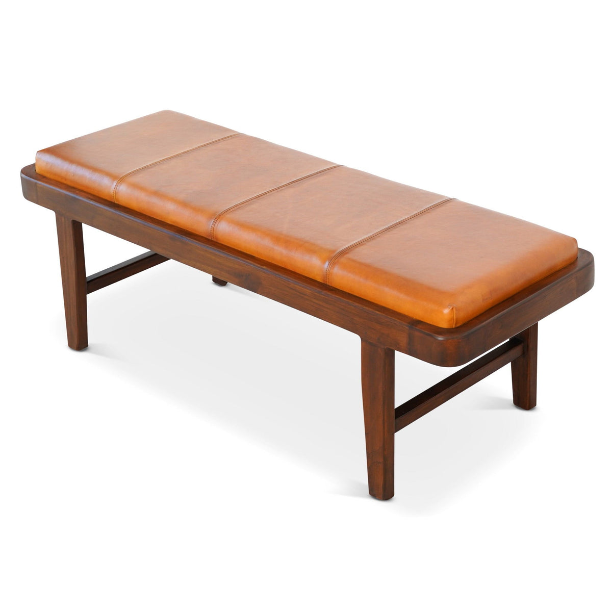 Rustic Upholstered Bench with Genuine Leather Cushion - Tan