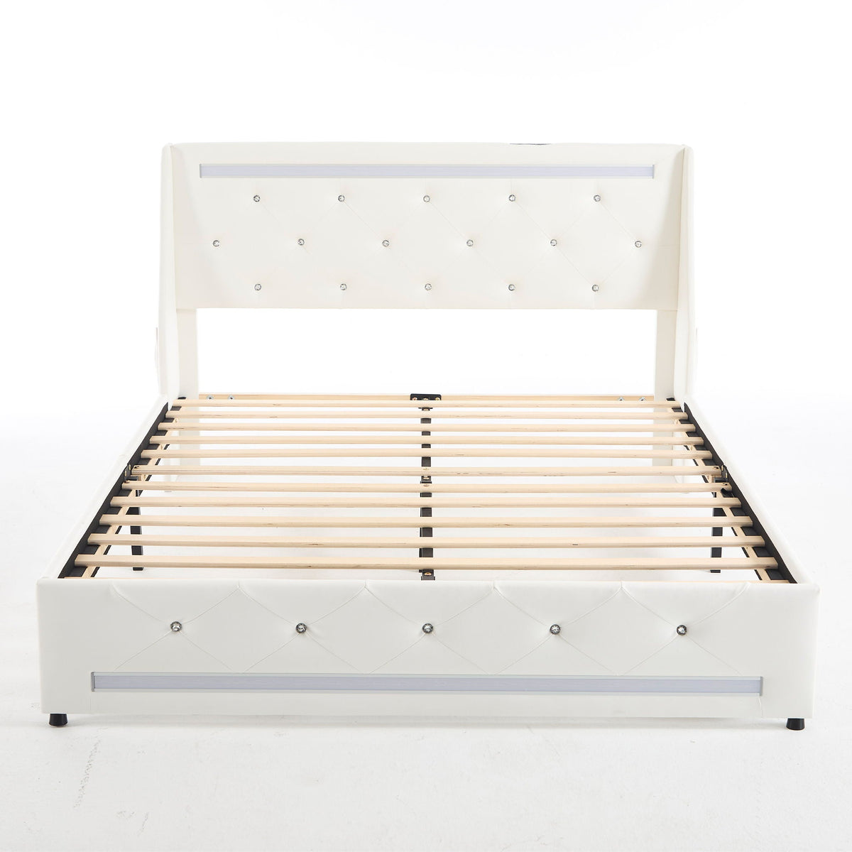 Wingback Upholstered Bed Frame with LED Lights and Charging Station - Black or White