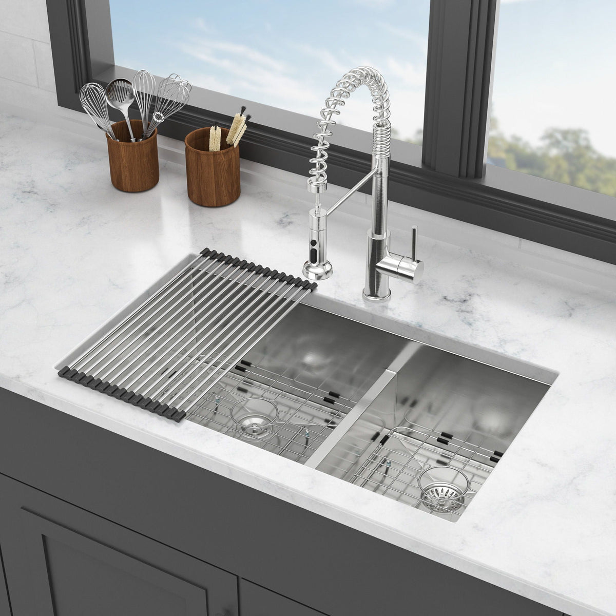 Modern Double Bowl Undermount Sink with 10" Deep Basins - Gray