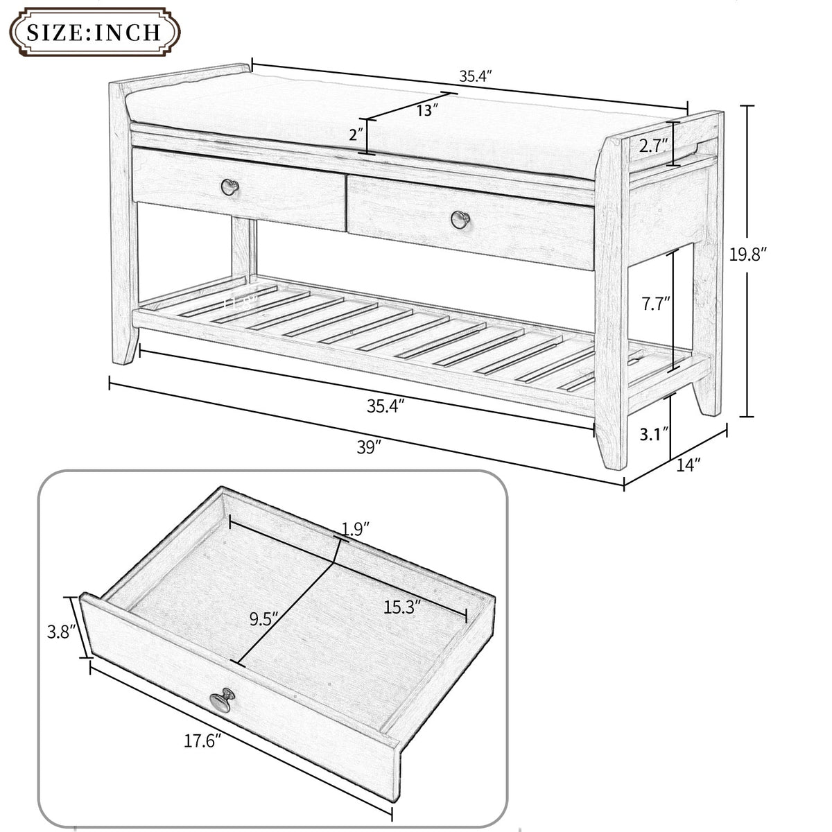 Solid Wood Shoe Rack Storage Bench with Cushioned Seat and Drawers