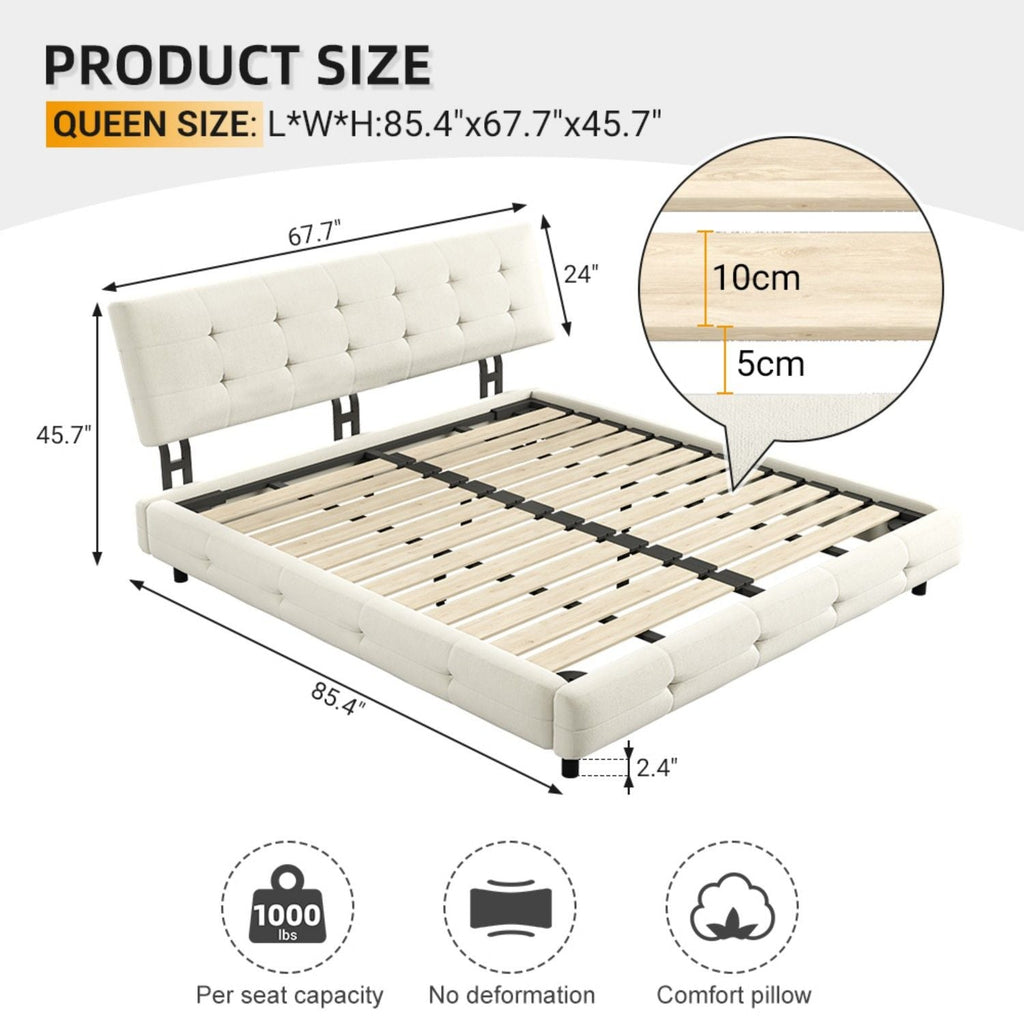 Tufted Headboard Upholstered Bed with Ultra-Soft Cloud Pillow Design - White or Black