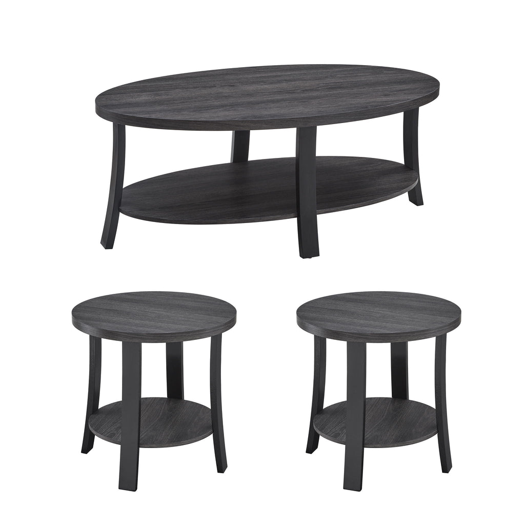 Contemporary 3 Piece Coffee Table Set with Oval Wood Shelf - Charcoal