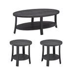 Contemporary 3 Piece Coffee Table Set with Oval Wood Shelf - Charcoal