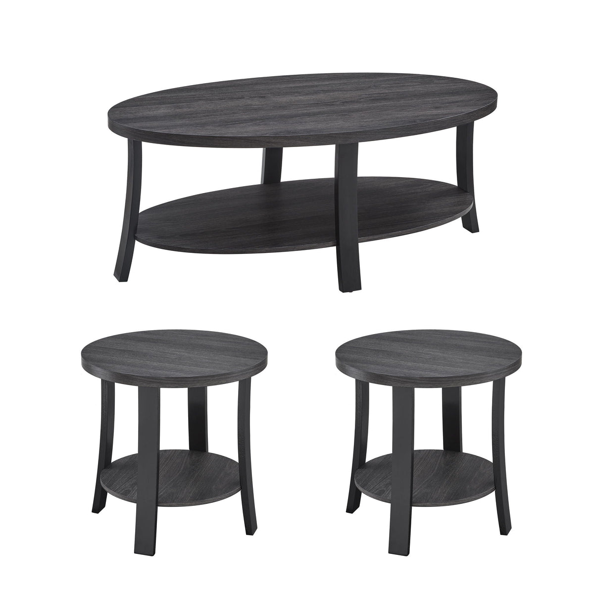 Contemporary 3 Piece Coffee Table Set with Oval Wood Shelf - Charcoal