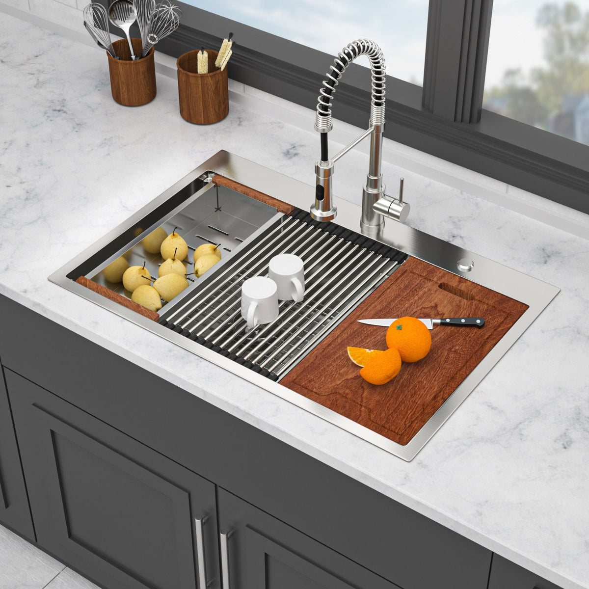 Gray Double Bowl Kitchen Sink with Durable Stainless Steel - Dual Mount
