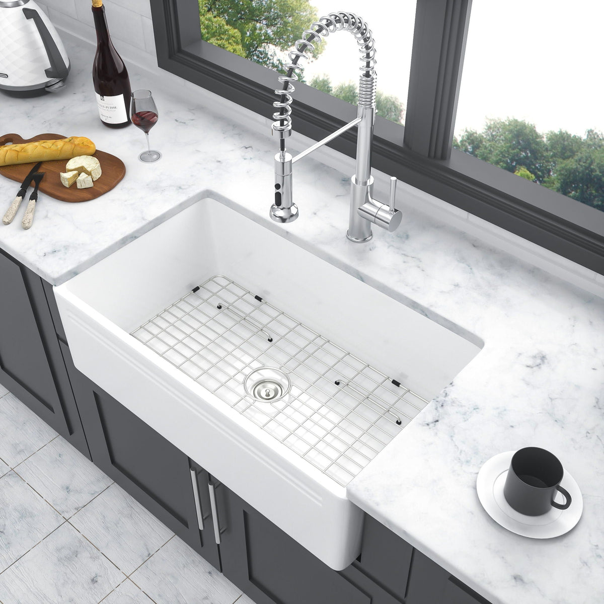 Farmhouse Ceramic Apron Front Single Bowl Kitchen Sink with Durable Design - White or Black