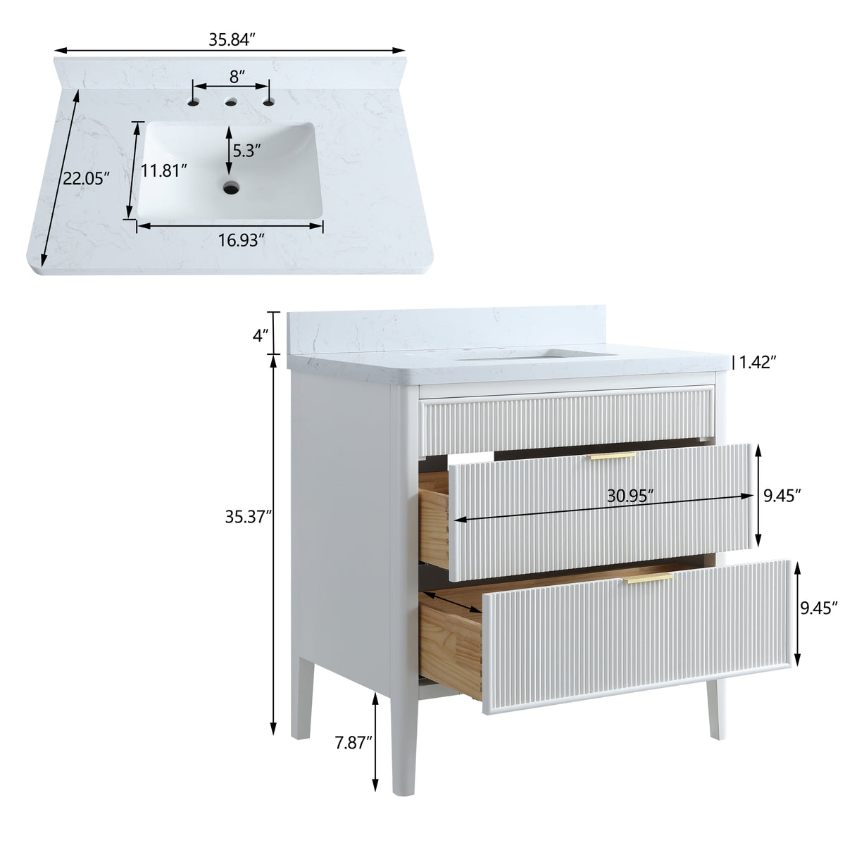 Fully Assembled 36'' Bathroom Vanity with Carrara Stone Top - White