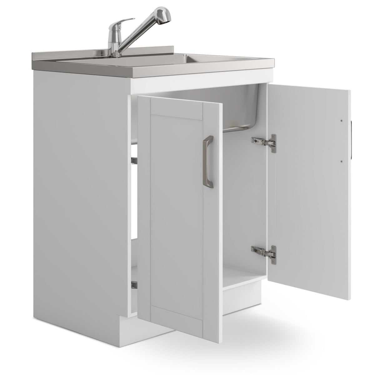 White Laundry Cabinet with Stainless Steel Sink and Pull-Out Faucet