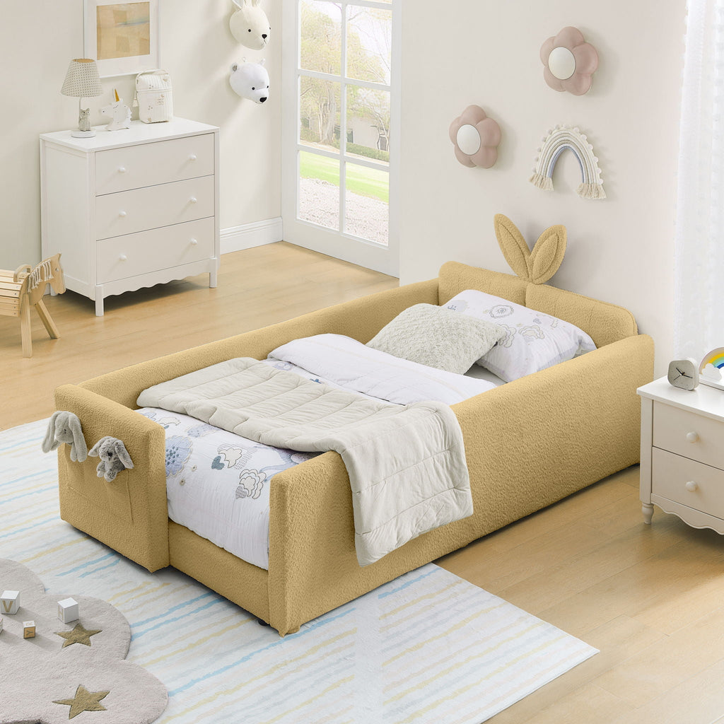 Cute Rabbit Ear Upholstered Platform Bed Frame with Safety Rail - Multiple Colors