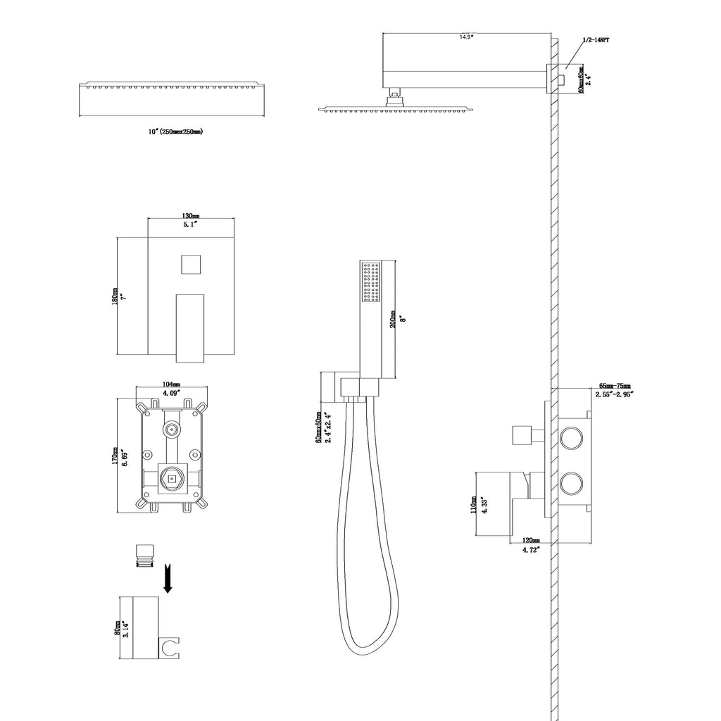 Dual Shower Head System with Rough-In Valve - Black or Pearl Silver