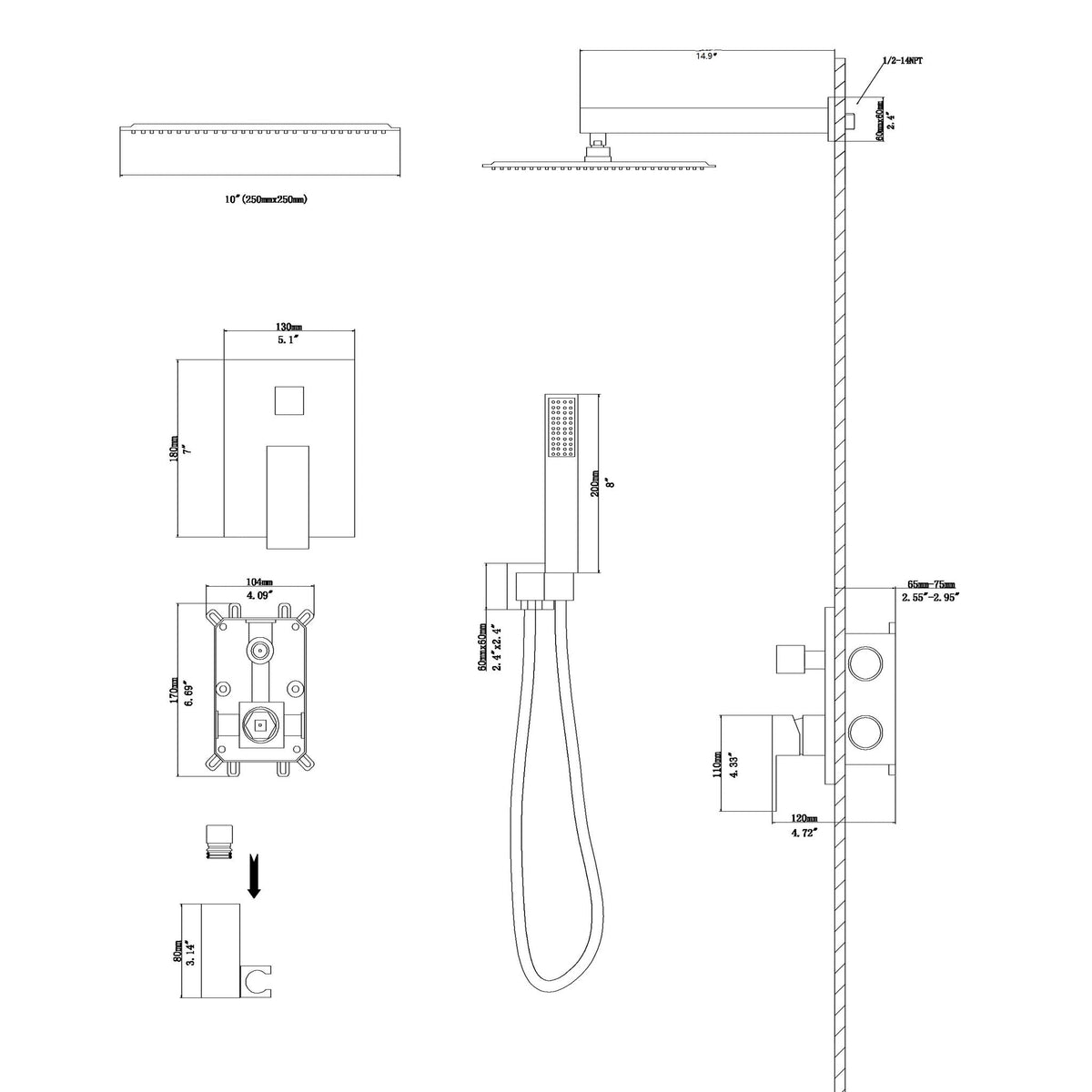 Dual Shower Head System with Rough-In Valve - Black or Pearl Silver