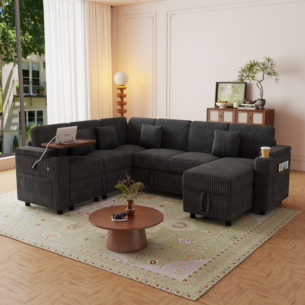 100-Inch Pull-Out Sofa with USB Ports and Cup Holder - Corduroy