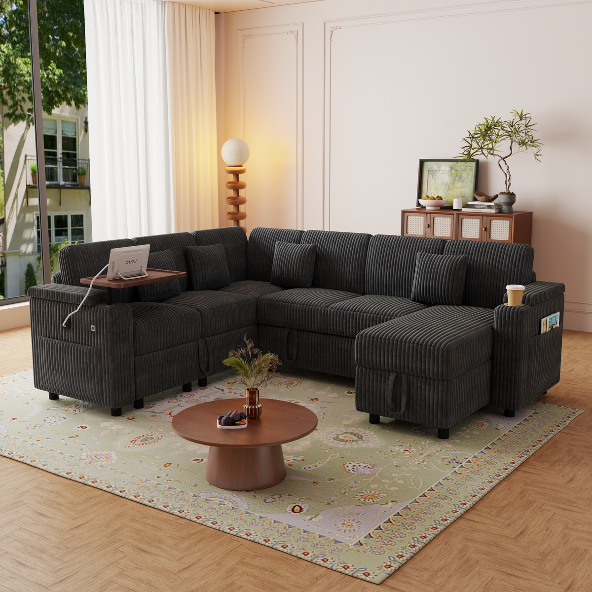 100-Inch Pull-Out Sofa with USB Ports and Cup Holder - Corduroy