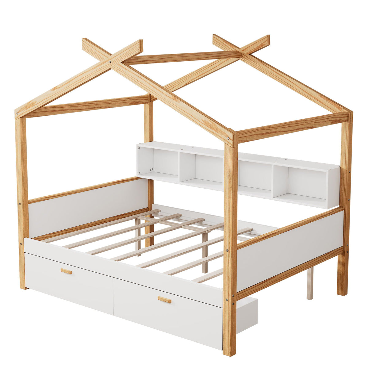 House Bed With Bookshelf Storage and Integrated Shelves - White